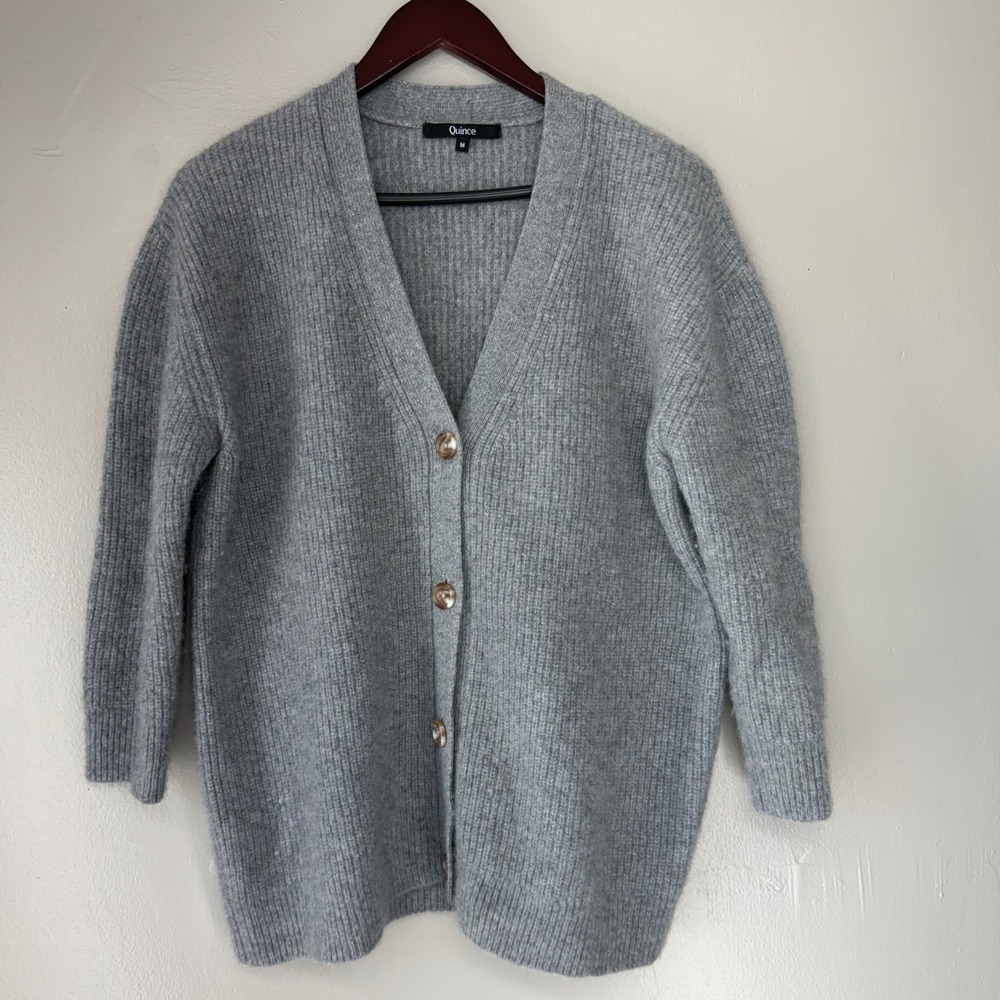 Quince Womens 100% Cashmere Ribbed V-Neck Cardigan Sweater Grey Size M